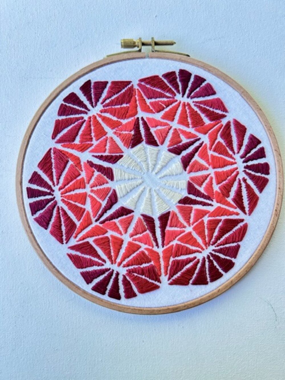 Hand Embroidered Red Ombre Geometric Floral Wall Art | 8" Hoop | Modern Fiber Ar